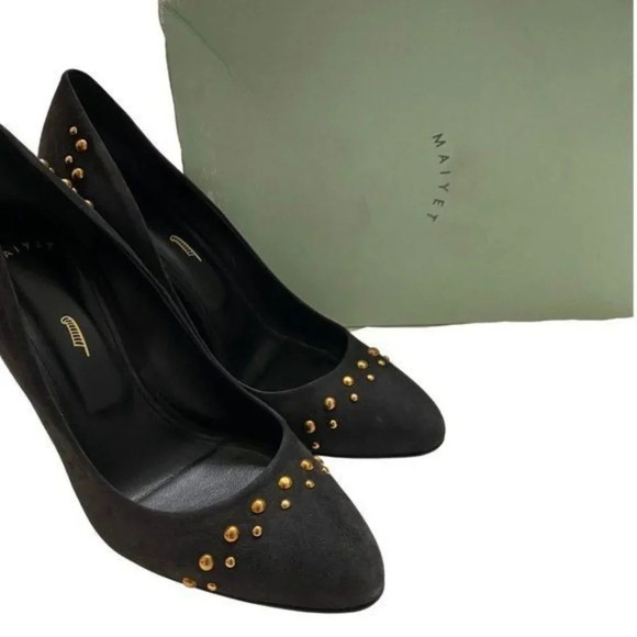 Maiyet Luxury Black Suede Gold Stud Heels Sz 40 - Picture 4 of 6